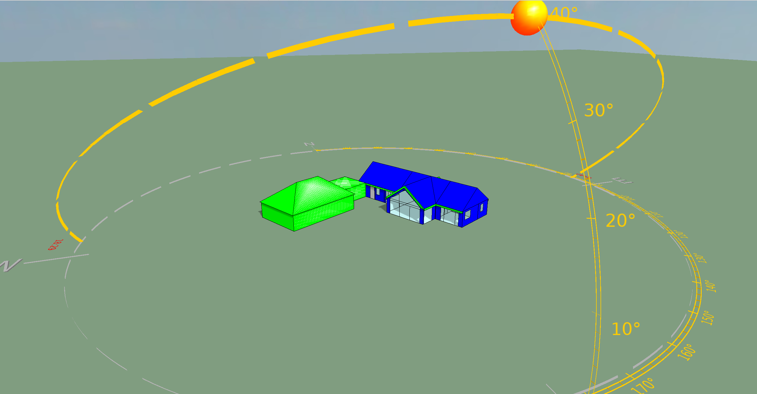 Residential building energy model with sun-path study, representing Florida energy-code compliance analysis