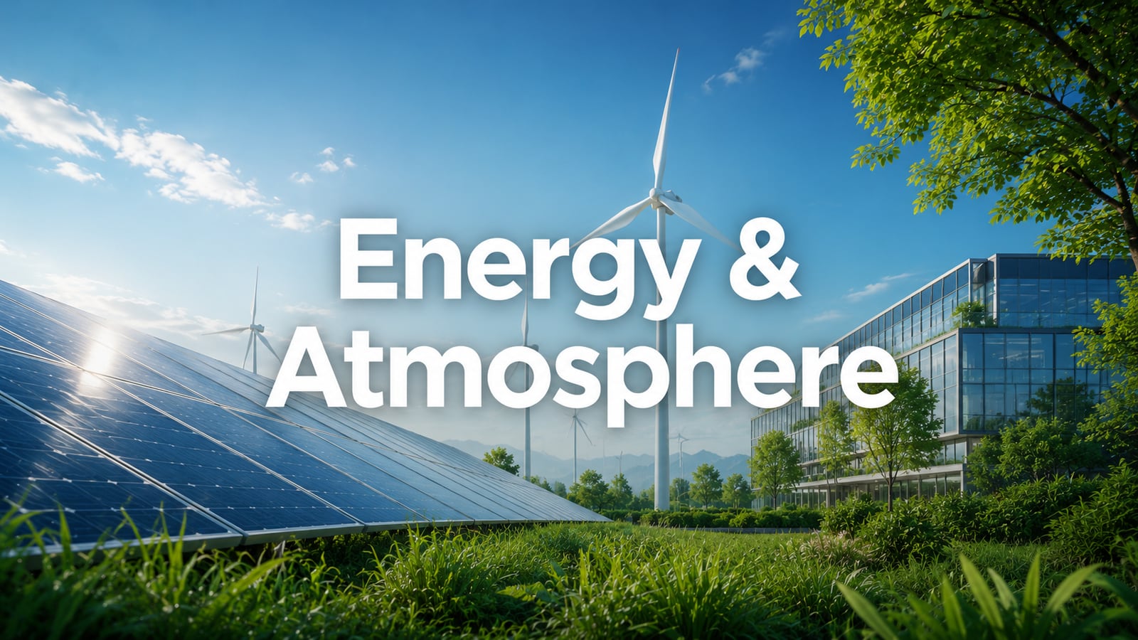 Solar panels and wind turbines beside a green building — LEED v5 Energy and Atmosphere