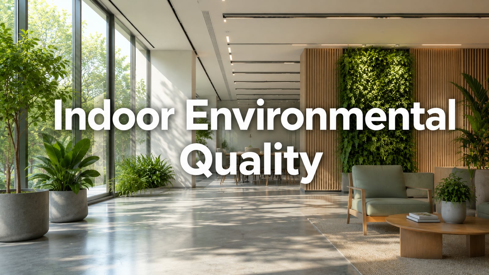 Bright, plant-filled office lobby with daylight and a green wall — LEED v5 Indoor Environmental Quality
