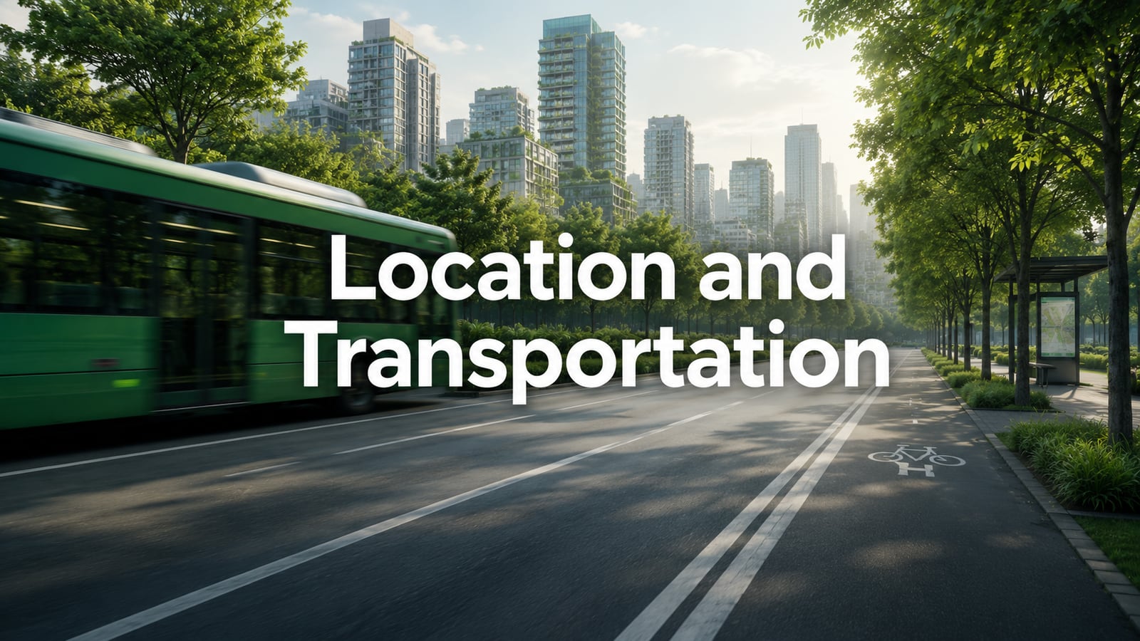 Green transit bus, bike lane and dense walkable city — LEED v5 Location and Transportation