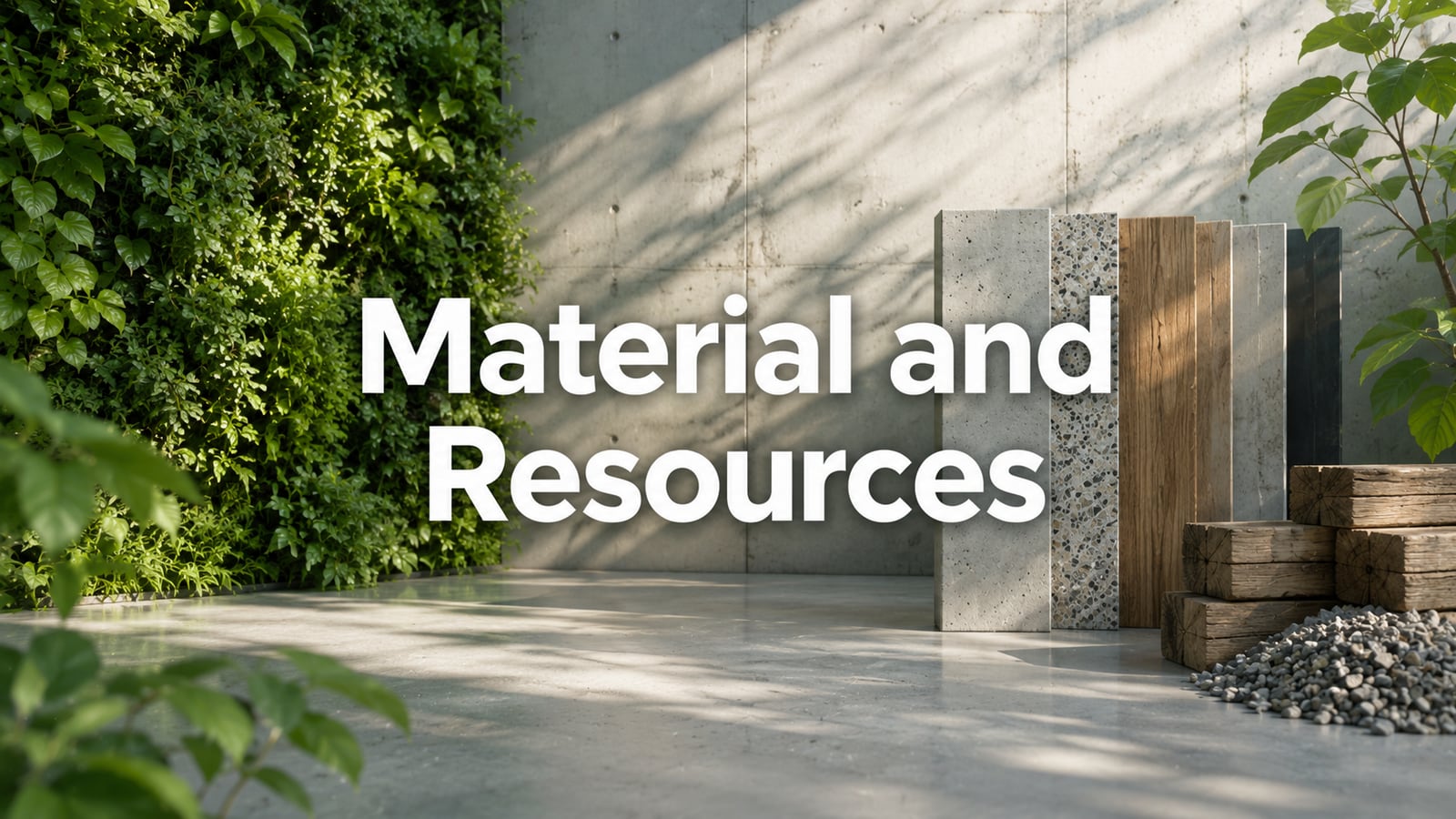 Concrete, timber and terrazzo material samples beside a green wall — LEED v5 Materials and Resources