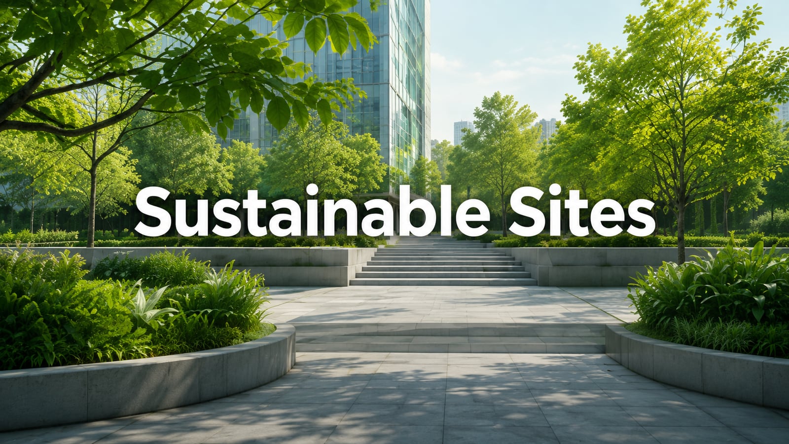Landscaped plaza with trees and planting beside a building — LEED v5 Sustainable Sites