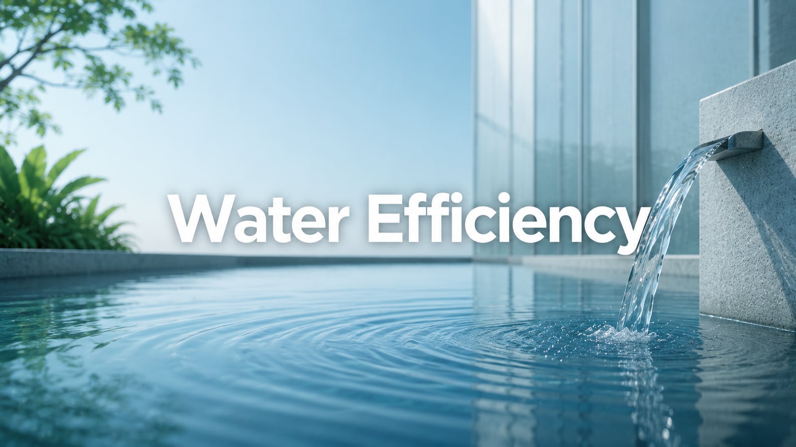 Calm water feature beside a building — LEED v5 Water Efficiency