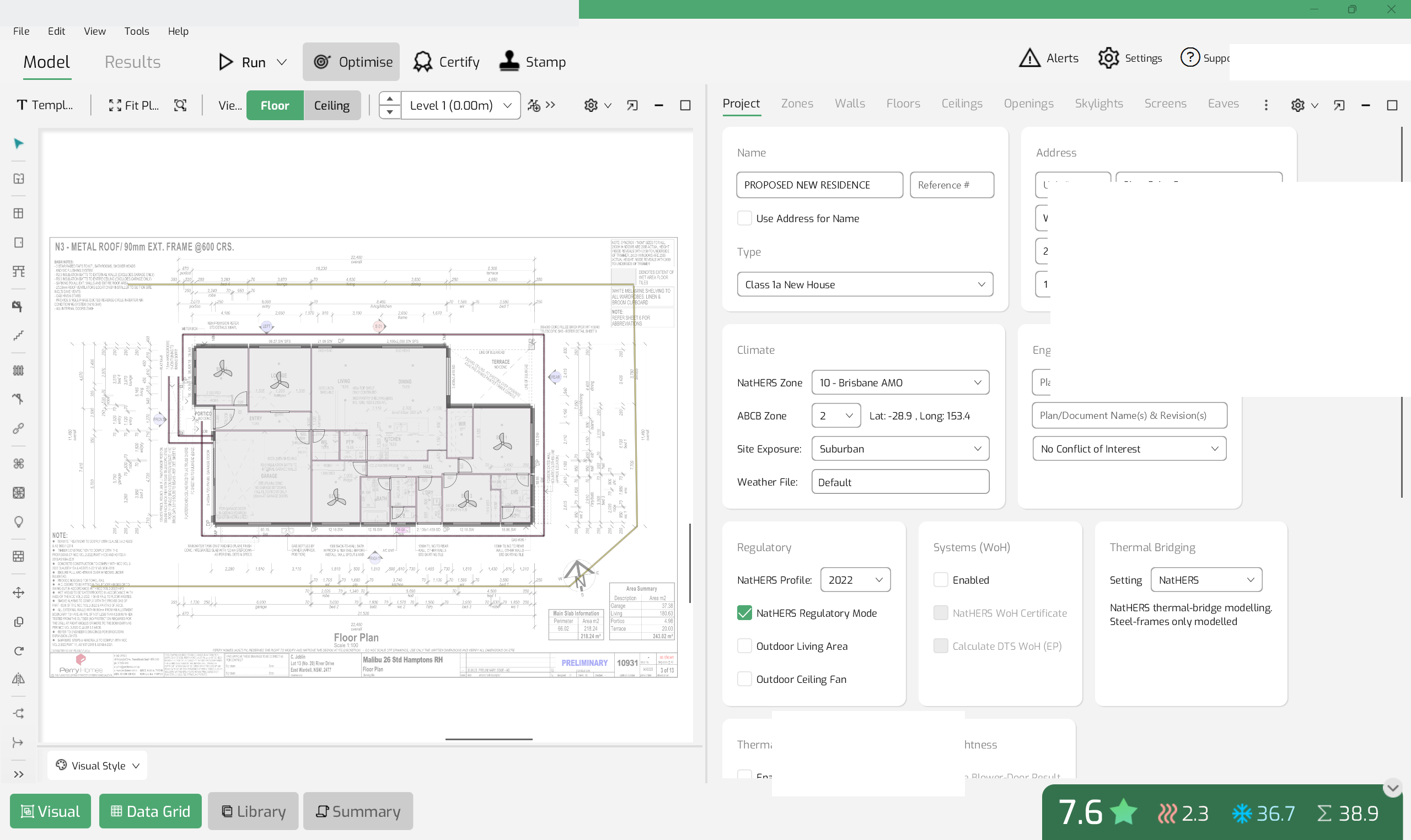 HERO NatHERS assessment software showing a house model achieving a 7.6 star rating in NCC 2022 regulatory mode