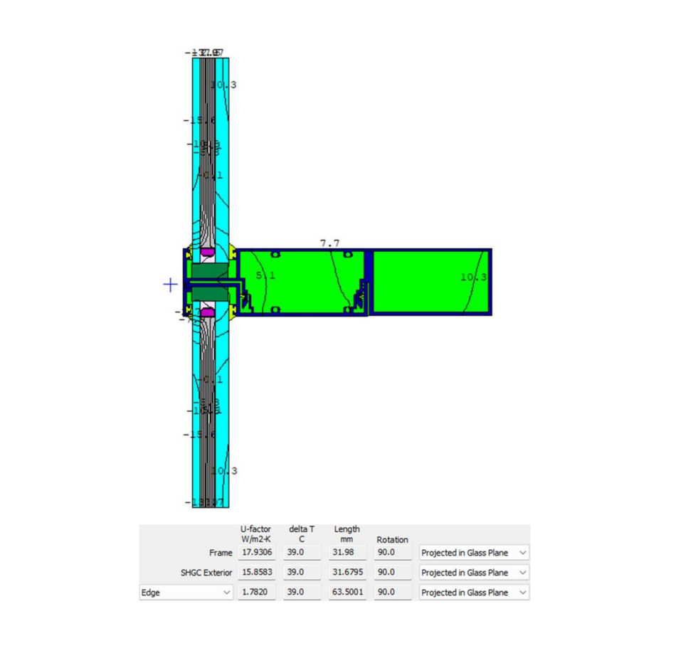 THERM thermal model showing isotherms and heat flow through a construction detail for psi-value calculation